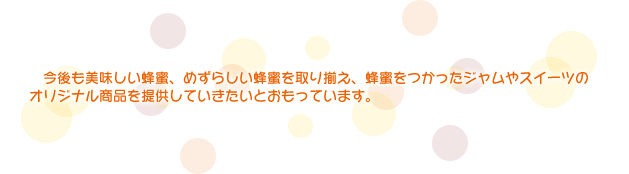 　今後も美味しい蜂蜜、めずらしい蜂蜜を取り揃え、蜂蜜をつかったジャムやスイーツのオリジナル商品を提供していきたいとおもっています。